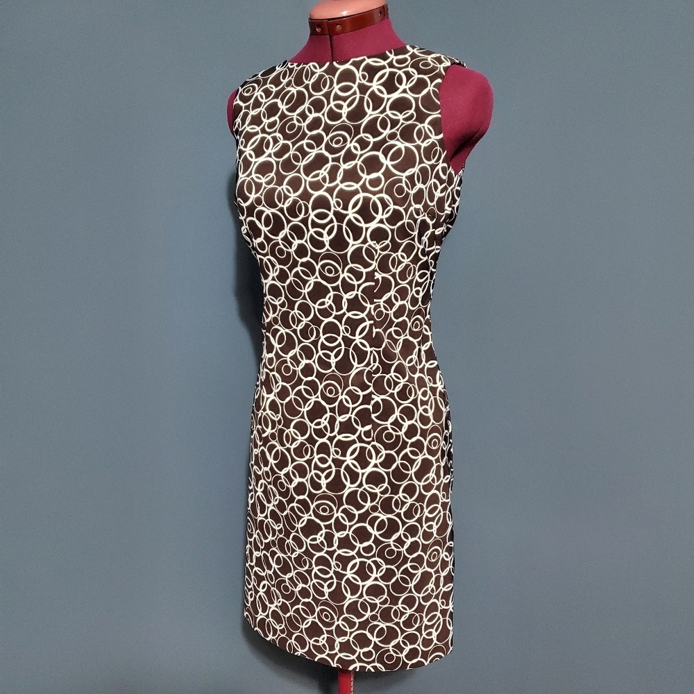 AGB Brown Tan Sheath Dress Sleeveless Circles Fitted Office Size 8